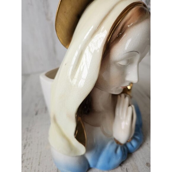 Virgin Mary vintage vase praying statue ceramic basket trinket large 9" tall x 7 - Picture 7 of 9